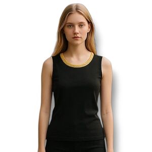 St. John Collection: Marie Gray Black Knit Yellow Scoopneck Sleeveless Top Small